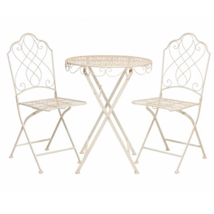 Cream Avalon 3-piece bistro set with ornamental metalwork, including a round table and two matching chairs.