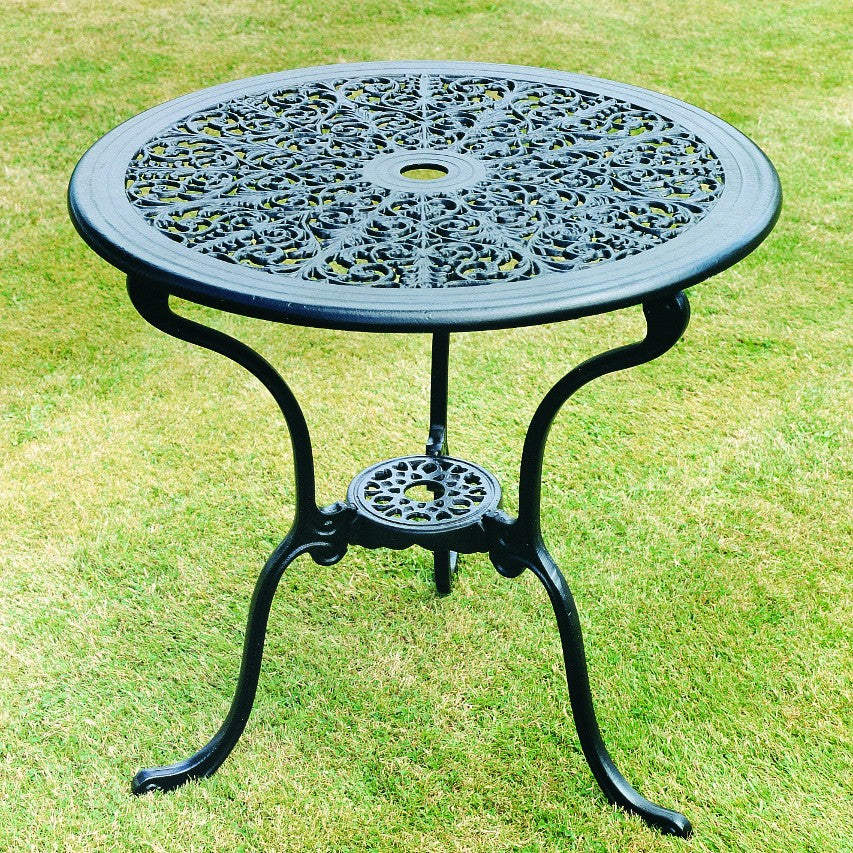 Jardine Leisure Coalbrookdale 68cm round table in green finish standing on lawn