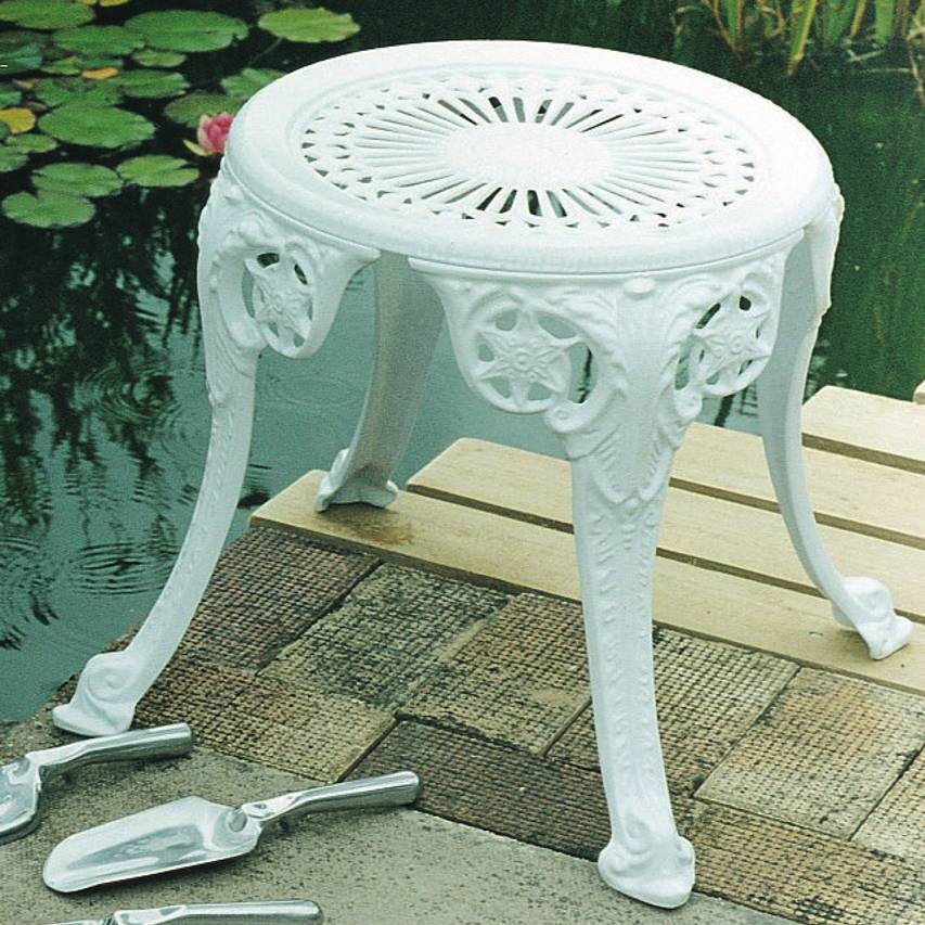 Coalbrookdale stool next to pond