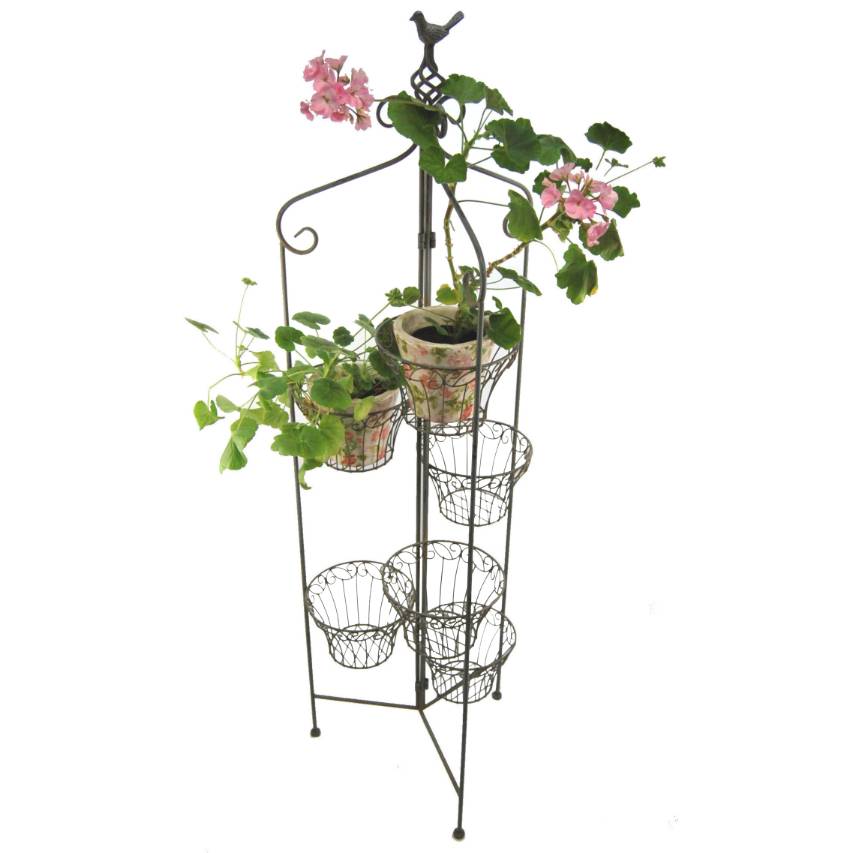 Folding 6 pot holder in antique blue with 2 pink pelargoniums in top holders against white background.