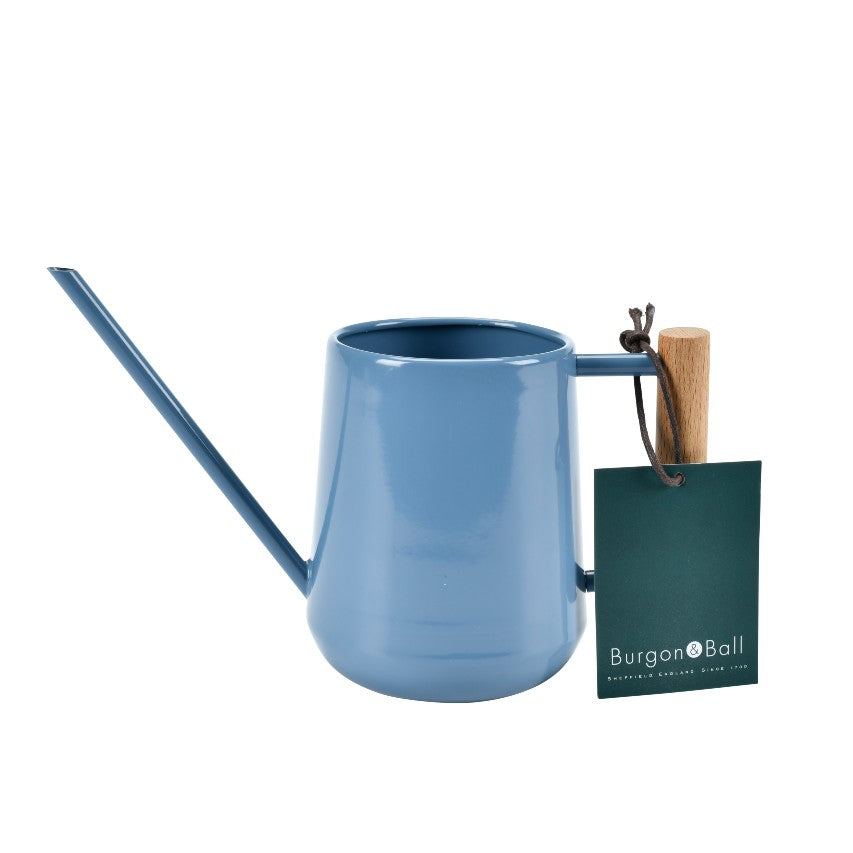 Burgon and Ball indoor watering can in heritage blue with green label