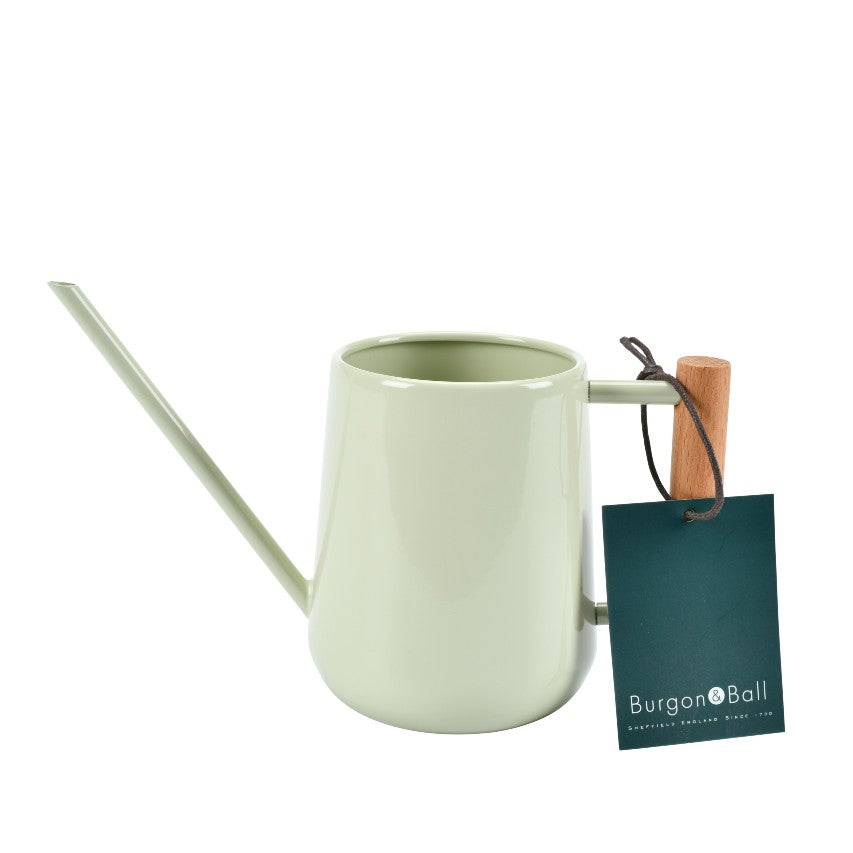 Burgon and Ball indoor watering can in pale jade with green tag