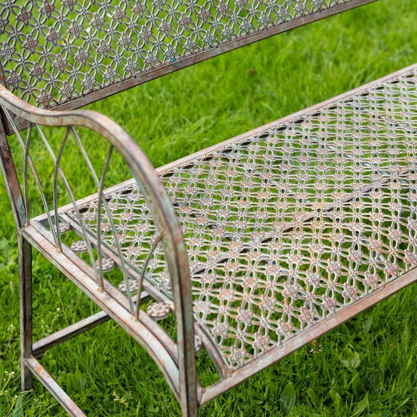 Close-up of the lattice detail on the Ascalon Marlborough bench in antique blue rust.