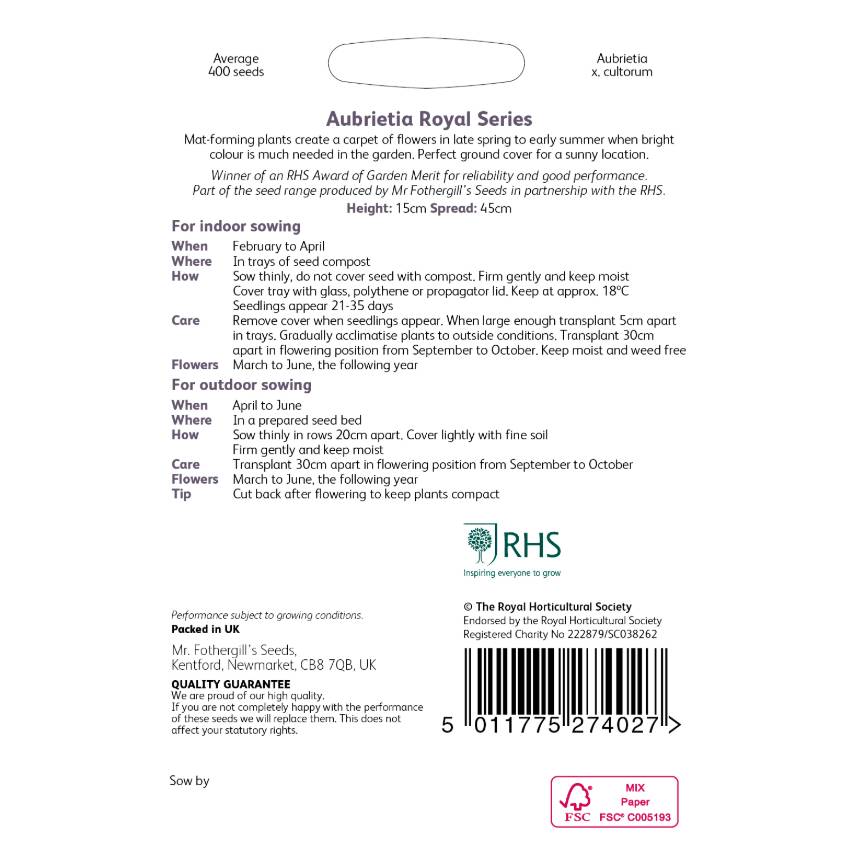 RHS aubrieta Royal Series sowing instructions