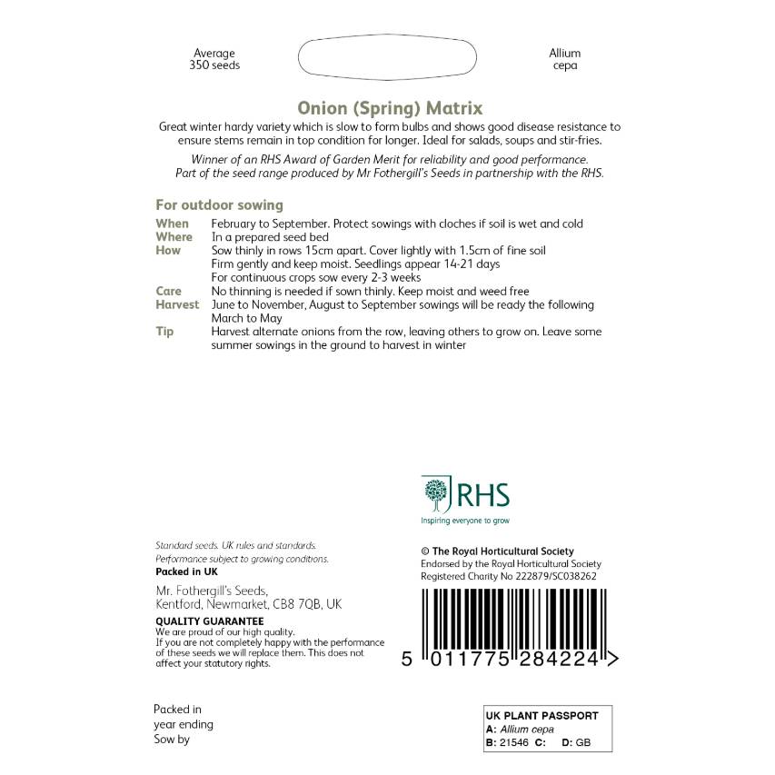 RHS onion (spring) Matrix sowing instructions