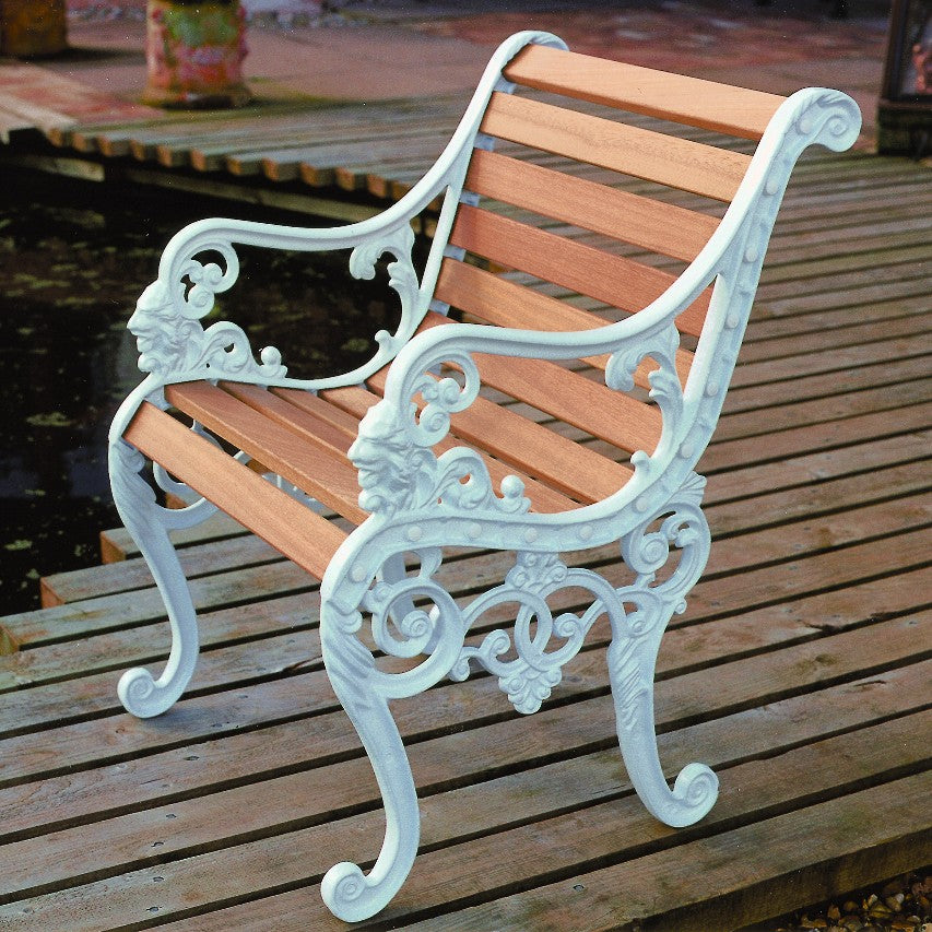 Jardine Leisure Sandringham chair in gloss white with iroko hardwood slats on wooden decking next to pond