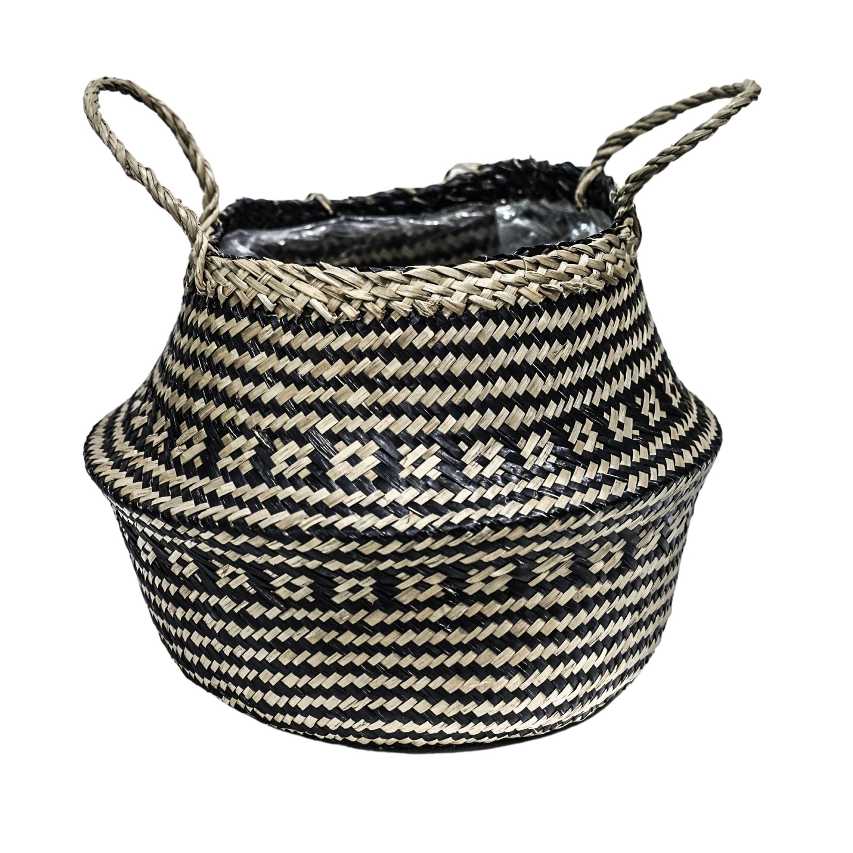 Seagrass tribal lined plant basket black
