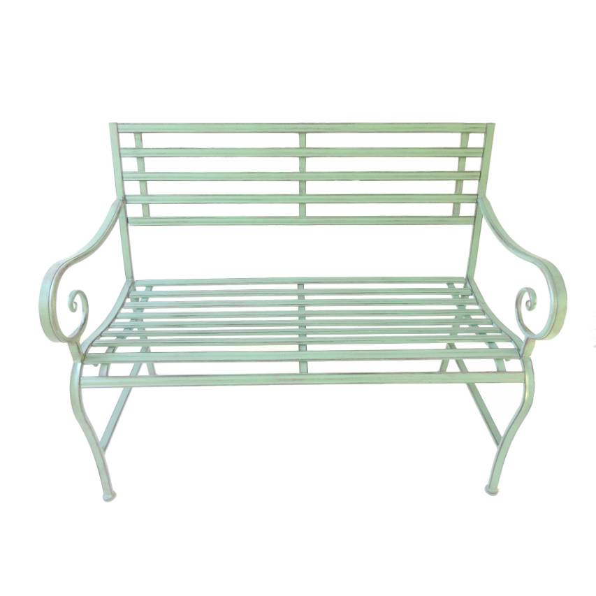 Sage green slatted bench on a white background.