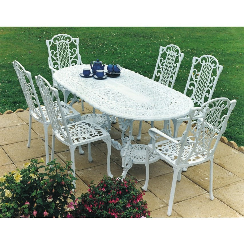 Jardine Leisure Victorian grand table in gloss white with blue tea set standing on patio
