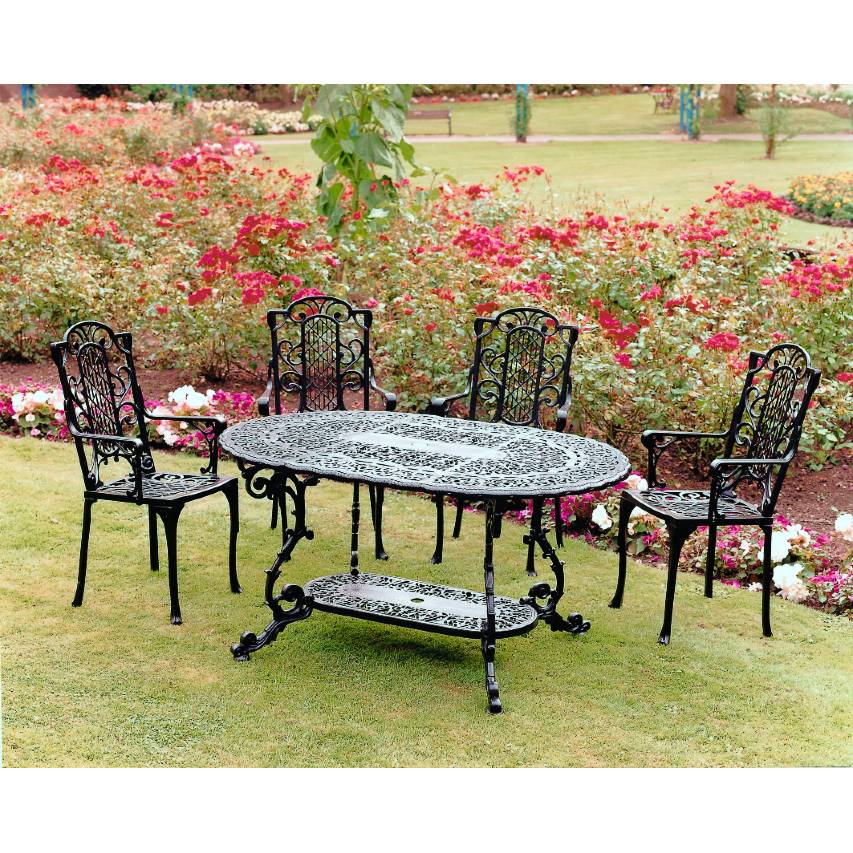 Victorian mini grand table with four carver chairs in satin black