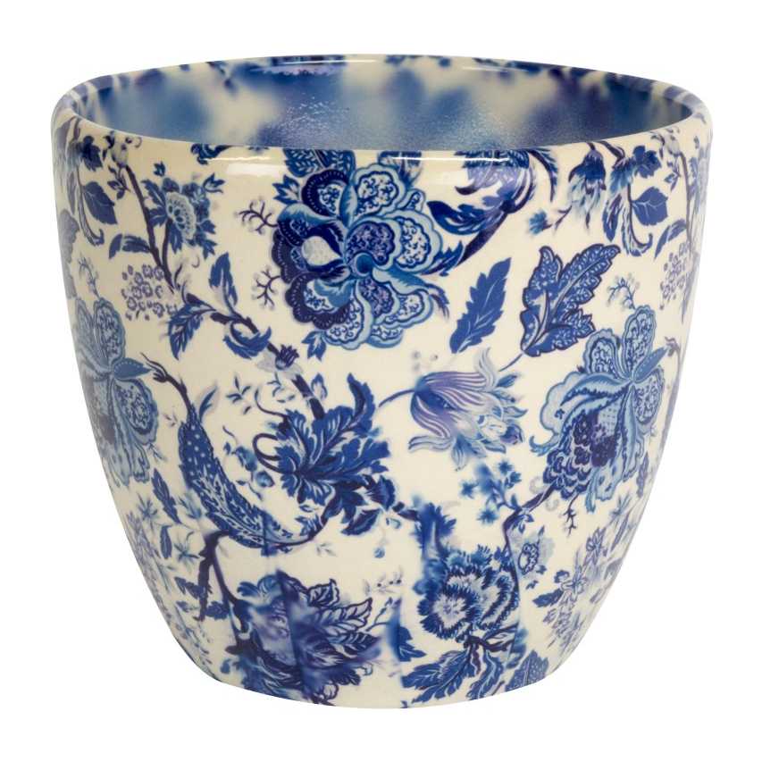 Vintage-style floral print blue plant pot 