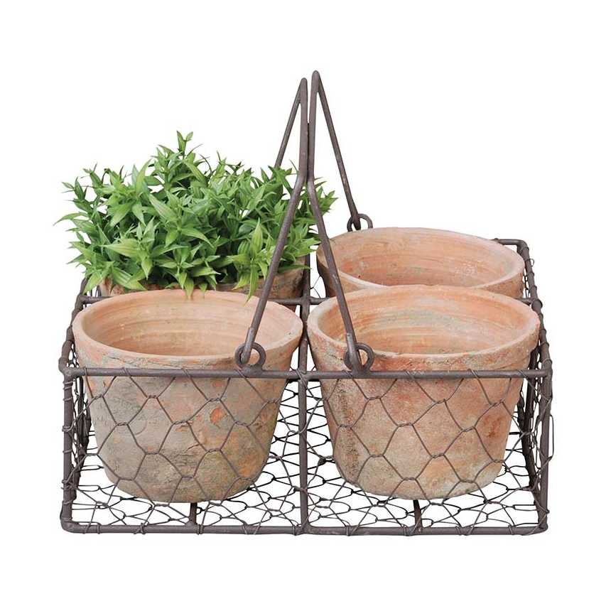 Aged terracotta pot and wire basket set