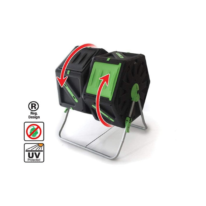 Gardening Naturally tumbling composter 140l 2 cell with arrows showing rotation