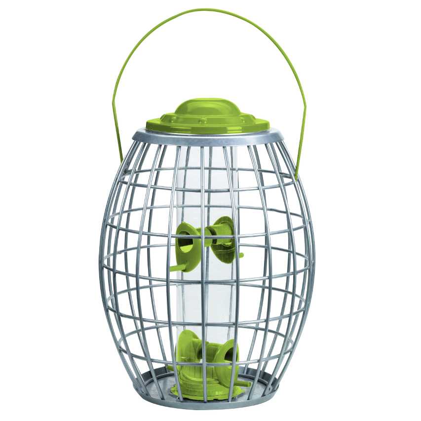 Chapelwood ultra squirrel proof seed feeder with powder-coated steel cage and lime green handle